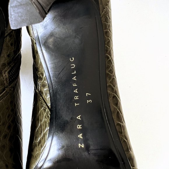 Zara Croc Print Embossed Heeled Olive Green Ankle Boot Booties, Sz EU 37 US 6.5 - Picture 15 of 15